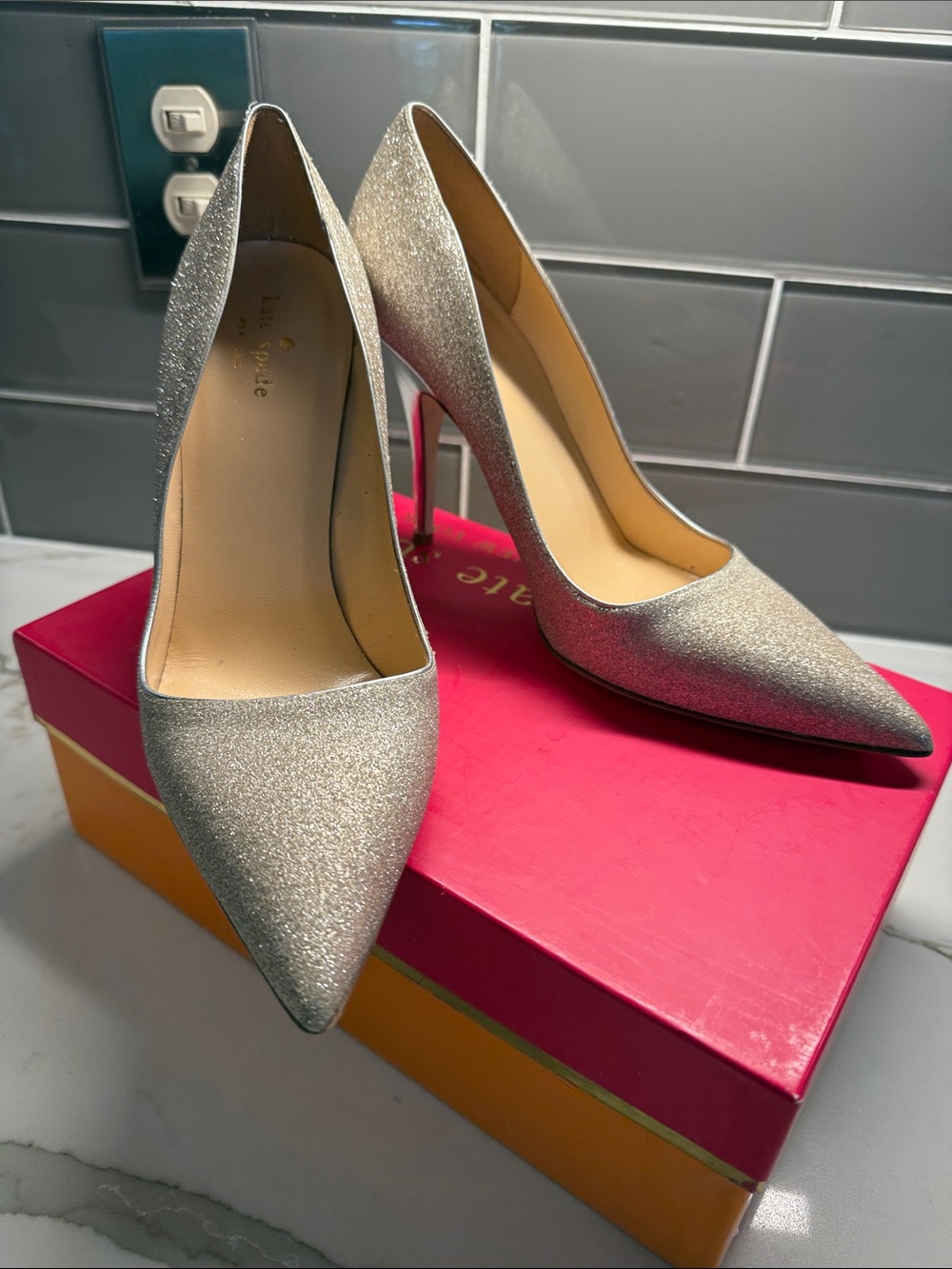 Kate Spade Gold Glitter Pointed Toe Stiletto Pumps with Silver Trim, Size 10